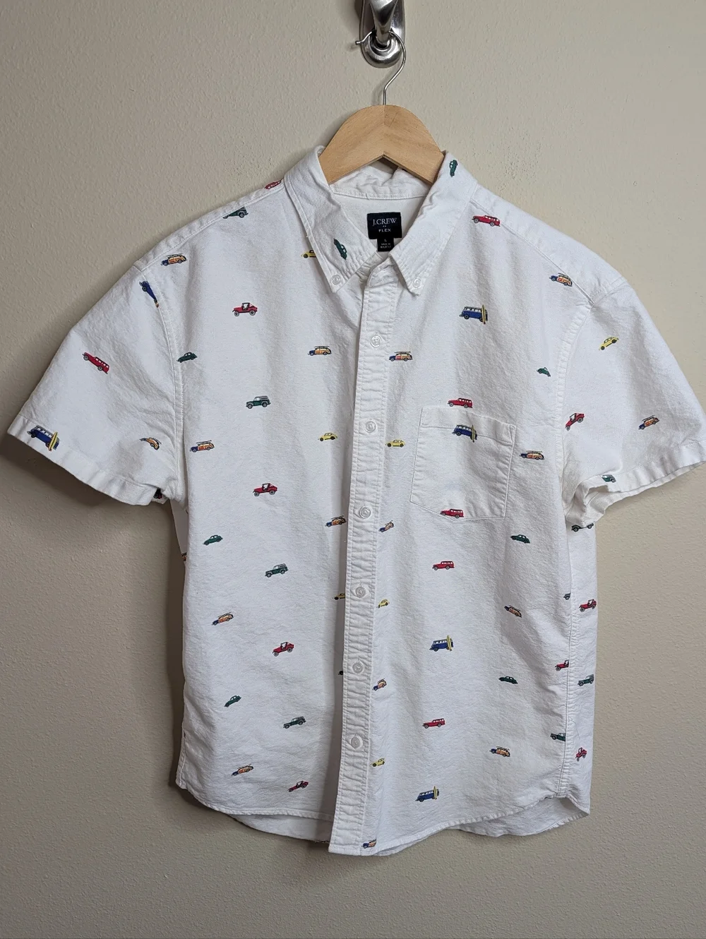 J.Crew Flex Short Sleeve Oxford Shirt‎ L White Novelty Car Print Button Down